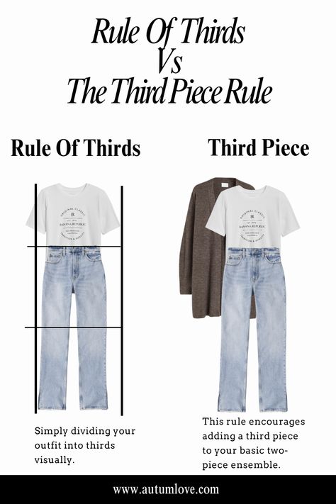 Rule Of Thirds VS Third Piece Rule Image Rules Of Fashion, Outfit Rules Tips, Dressing Rules Women, Rule Of Thirds Outfit, Fashion Rule Of Thirds, Three Word Method Style, Pant Length Guide Women, Third Piece Rule Outfits, Sandwich Rule Outfit