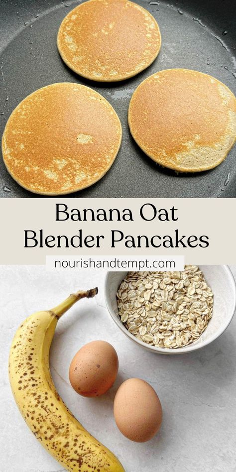 Banana oat pancakes on a fry-pan, along with a photo of the ingredients including banana, eggs and rolled oats. Infant Banana Pancakes, Banana Oat Pancakes Baby, Banana Oatmeal Pancakes 3 Ingredient, Banana And Egg Recipes, Baby Oatmeal Pancakes, Oats And Banana Recipes, Oat Pancakes No Banana, Toddler Banana Pancakes, Banana Oat Pancakes Healthy