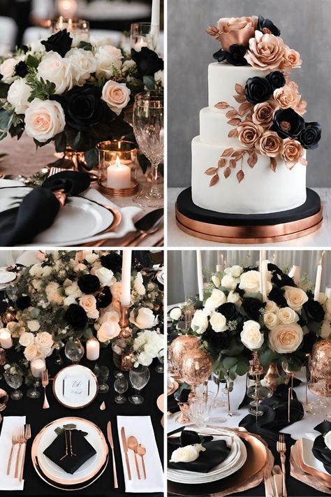 Black and Rose Gold Wedding Color Ideas: Beautiful Black, Rose Gold, and White Ideas - Francisca's Bridal Fall Wedding Colors With Black, All Black Wedding Theme, Dark Wedding Theme Color Schemes, Rose Gold And Black Wedding Theme, Rose Gold And Black Party Theme, Black Spring Wedding, Wedding Color Schemes Black, Black Wedding Color Schemes, Dark Wedding Aesthetic