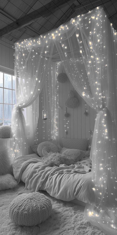 Hanging Round Bed, My Dream Room Ideas, Cute Bedroom Ideas For Small Rooms Cozy, Aesthetic Ceiling Decor, Small Cozy Bedroom Ideas Fairy Lights Room Decor, Simple Aesthetic Bedroom, Really Small Bedroom Ideas, Nighttime Bedroom, Teen Room Aesthetic