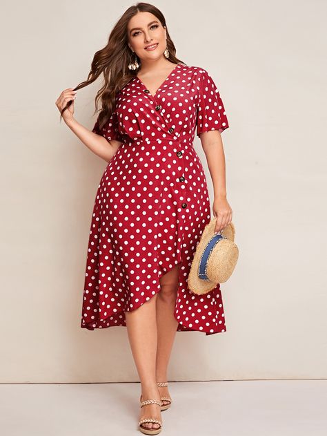 Plus Button Front Polka Dot Asymmetrical Hem Dress | SHEIN USA Gypsycore Fashion, Western Winter Fashion, Winter Fashion For Women, Plus Size Wedding Guest Dress, Western Winter, Outfits Gorditas, Plus Size Style, Dot Print Dress, Asymmetrical Hem Dress