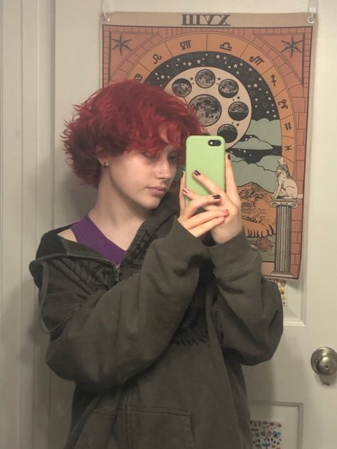 Red Short Fluffy Hair, Red Fluffy Hair, Trans Haircut, Trans Masc Haircut, Skater Boy Hair, Genderfluid Haircut, Trans Boy Haircut, Ftm Haircuts, Androgynous Haircut