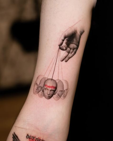 Different Personalities Tattoo, Small Surrealism Tattoo, Shadow Person Tattoo, Cold Tattoo Ideas, Blurry Face Tattoo, Move On Tattoo, Paranoid Tattoo, Blood Tattoo Ideas, Depersonalisation Tattoo