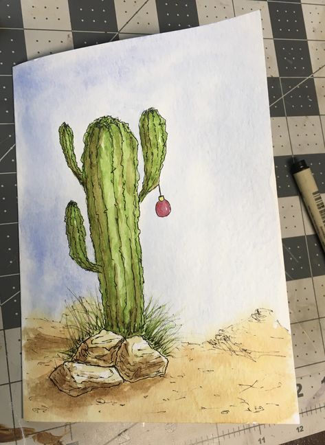 Cactus Desert Watercolor Painting, Cactus Christmas Cards Handmade, Cactus Christmas Card, Christmas Cactus Watercolor, Southwest Christmas Cards, Christmas In The Desert, Scrapbook Birthday Cards, Roadrunner Art, Arizona Painting