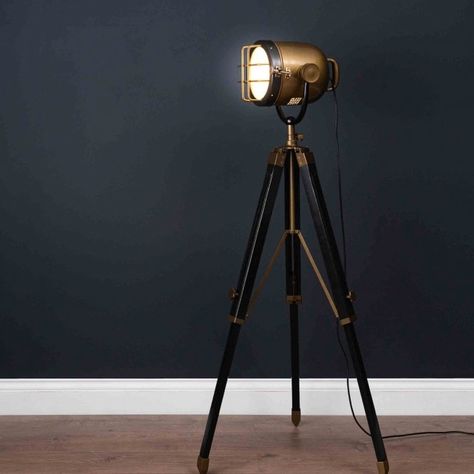 Brass And Black Industrial Spotlight Tripod Lamp | Industrial Spotlight Table Lamp Industrial Spotlight, Spotlight Floor Lamp, Lamp Standing, Stylish Floor Lamp, Industrial Floor Lamps, Hill Interiors, Black Industrial, Industrial Flooring, Floor Standing Lamps