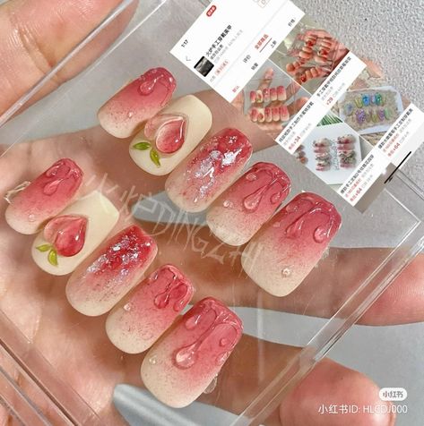 Peach Themed Nails, Dessert Nails, Cake Nails, Diy Rhinestone Nails, Kids Nail Designs, Food Nails, Fruit Nail Art, 3d Nail Art Designs, Hello Nails