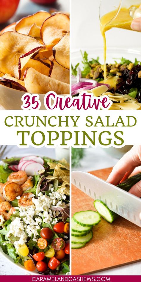 Apple chips, cutting cucumbers, pouring dressing on a salad Healthy Crunchy Salad Toppings, Crunchy Salad Toppings Ideas, Salad Crunchy Toppings, Crispy Salad Toppings, Salad Toppings Ideas, Crunchy Salad Toppings, Crunchy Salad Recipes, Crunchy Toppings, Salad Making