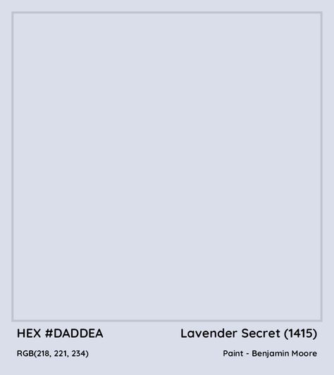 HEX #DADDEA Lavender Secret (1415) Paint Benjamin Moore - Color Code Benjamin Moore White Heaven, White Heaven Benjamin Moore, Heaven Benjamin Moore, Benjamin Moore Heaven, Benjamin Moore Lavender, White Hex Code, Paint Benjamin Moore, Munsell Color System, White Heaven