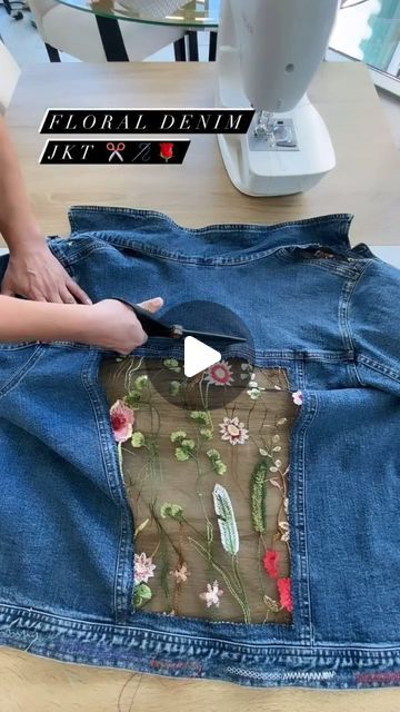 Diy Embellished Jean Jacket, Upcycled Denim Jackets Ideas, Repurpose Denim Jacket, Repurpose Jean Jacket, Revamp Jean Jacket Diy, Denim Projects Sewing Patterns, Upcycled Denim Jacket Altered Couture, Jeans Jacket Diy Ideas, Clothes Makeover Upcycling