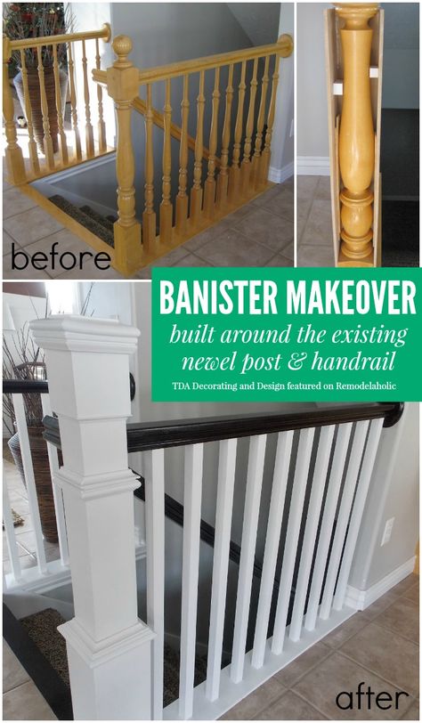 Beautiful stair railing renovation using the existing newel post and handrail | TDA Decorating and Design featured on @Remodelaholic #makeover #staircase How To Replace A Bannister, Timeless Stair Railing, Bannisters And Railings, Updated Stair Railing, Bannister Makeover, Railing Renovation, Banisters And Railings Makeover, Bannister Ideas, Banister Makeover