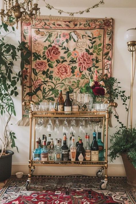 Bohemian Bar Carts: Entertain in Style Witchy Bar Cart, Witchy Bar, Bar Cart Ideas, Bohemian Bar, Bar Cart Design, Vintage Bar Cart, Cart Design, Vintage Bar Carts, Pink Passion