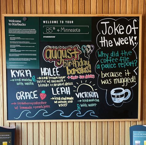 starbucks chalk board
barista picks
joke of the week Starbucks Community Board Ideas, Starbucks Board Ideas, Starbucks Manager, Starbucks Crafts, Cafe Chalkboard, Coffee Chalkboard, Community Ideas, Iced Matcha Latte, Art Cafe