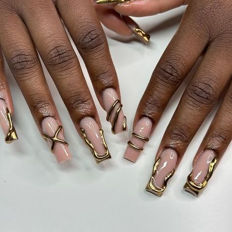 Licensed Nail Technician🫶🏾 (@_.nailsbynya) • Instagram photos and videos Nude And Gold Nail Designs, Gold 3d Nails, 3d Nails Design, 3d Chrome, 3d Nail Designs, 2023 Love, Gold Nail Designs, Short Acrylic, Short Acrylic Nails Designs