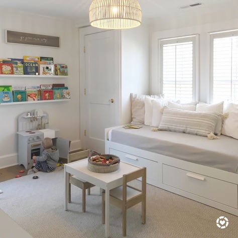 Playroom And Spare Bedroom, Playrooms With Daybeds, Ikea Daybed Playroom, Guest Bedroom Playroom Combo Ideas, Play Guest Room Combo, Spare Room And Playroom, Playroom Daybed Ideas, Spare Room Playroom, Playroom Wall Of Storage