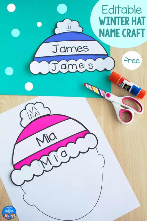 Winter Hat Name Craft Winter Cubby Tags Preschool, Preschool Christmas Name Crafts, Winter Fun Crafts For Toddlers, Jacket Craft For Preschool, Artic Preschool, Winter Hat Craft Preschool, Clothing Preschool Activities, Winter Clothes Activities Preschool, Christmas Name Crafts Preschool