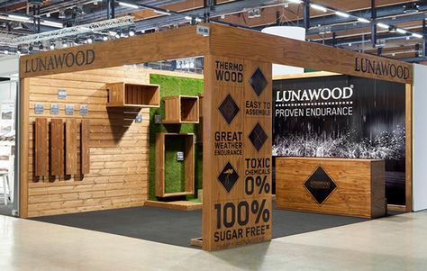 Lunawood is the world leading company producing thermo wood, ecological and durable wood material for decking and facades. Bond created an identity and tone of voice that emphasizes the qualities of the wood with the use of symbols, type and photographs.… Environmental Signage, Stall Flooring, Merchandise Display, Showroom Ideas, Expo Stand, Stand Feria, Shop Image, Trade Show Design, Trade Show Booth Design