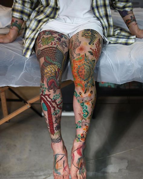 Healed Color Tattoo, Pittakkm Tattoo, Calf Sleeves Tattoo, Inner Calf Tattoo, Leg Band Tattoos, Lower Leg Tattoos, Mandala Hand Tattoos, Korean Tattoos, Type Tattoo