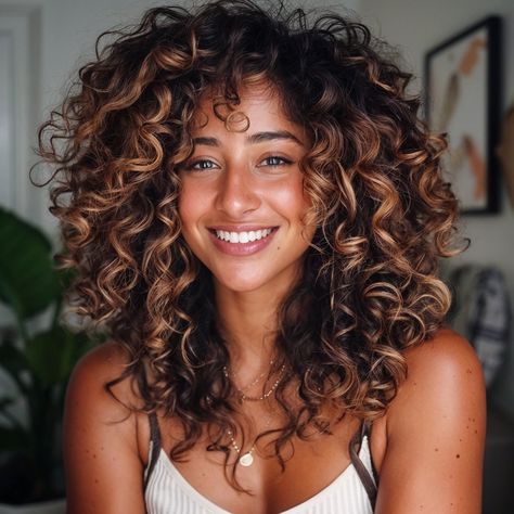 Brown Curly Hair With Highlights, Type 3 Hair, Perm Curls, Curly Hair Color, 3a Hair, Long Curly Haircuts, Really Curly Hair, Curly Hair Style, Medium Haircut