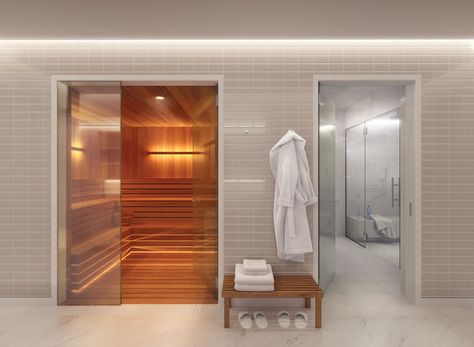 Luxury sauna and marble shower in basement Basement Window Replacement, Basement Built Ins, Finished Basement Designs, Flooring Laminate, Basement Layout, Basement Finishing, Basement Gym, Modern Basement, Basement Windows