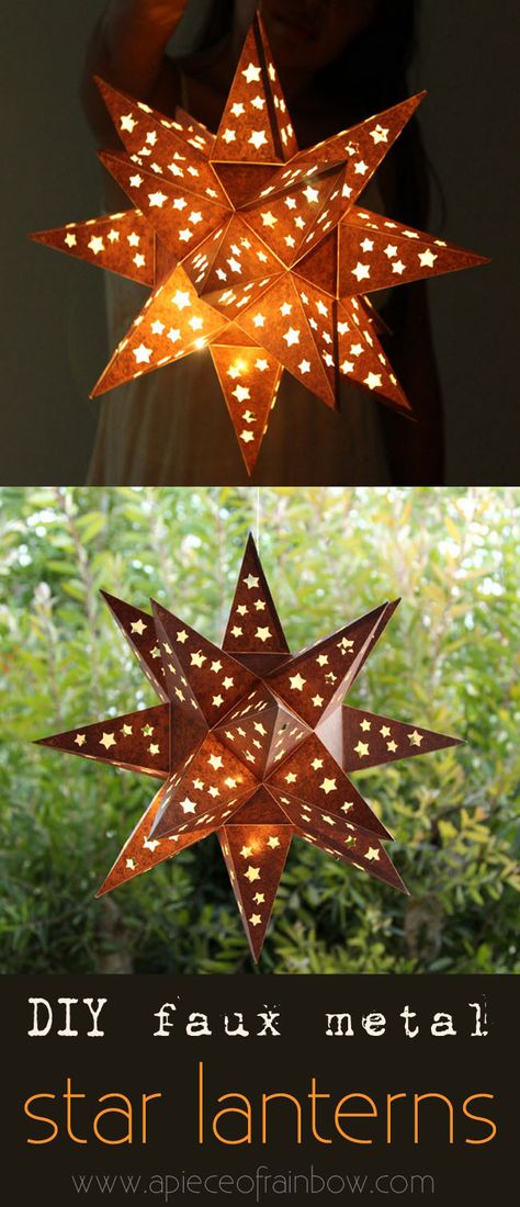 This enchanting and rusty "metal" star lantern is made with... paper! Easy tutorial with free printable template to make your own! Diy Lantern, Paper Star Lanterns, Deco Marine, Star Lantern, Diy Outdoor Lighting, Diy Star, Lantern Ideas, Star Lanterns, Metal Star