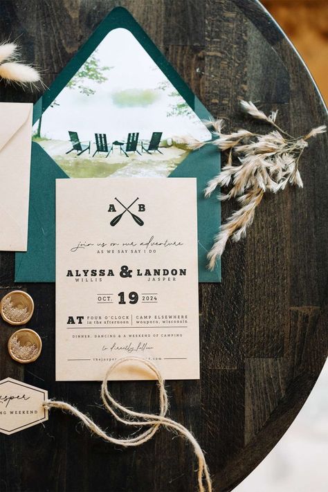 Camp themed wedding invitation Camp Wedding Invitations, Camp Themed Wedding, Themed Weddings, Wedding Invitation Inspiration, Themed Wedding Invitations, Camp Wedding, Wisconsin Wedding, Vintage Camping, Invitation Inspiration