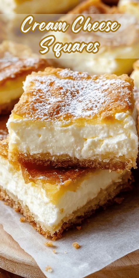 Cream Cheese Squares Cream Cheese Icing Desserts, Cream Cheese Desserts Gluten Free, Cream Cheese Squares Yellow Cake Mixes, Cream Cheese Squares Recipe, Gooey Cream Cheese Bars, Cream Cheese Frosting Desserts, Desserts Made With Cream Cheese, 9x13 Cheesecake Recipes, Cheesecake Squares Recipes