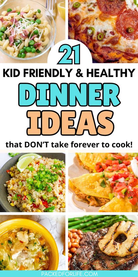 6 kid friendly healthy dinner ideas; chicken soup, pork chops with grilled pineapple, tacos, casserole, pea, beacon & pasta, naan pizza Sunday Summer Dinner, Quick Easy Meals For Dinner, Saturday Dinner Ideas, Vacation Meal Ideas, Dinner Recipes Winter, Recipes Potluck, Quick Easy Family Meals, Kid Friendly Dinner Recipes, Recipes Summer Dinner