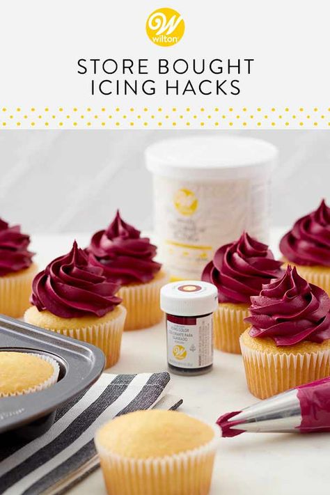 Customize your store-bought frosting with these icing hacks. Whether you want to change the flavor, the texture, the color or the consistency, these tips and tricks will help make your store-bought frosting better. Stable Frosting For Piping, Frosting A Cake With Store Bought Icing, Canned Icing Tricks, Frosting With Store Bought Frosting, Store Icing Hack, Frosting Cupcakes With Store Frosting, Can Icing Hacks, How To Frost Cupcakes With Store Bought, How To Make Cake Decorating Icing From Canned Frosting