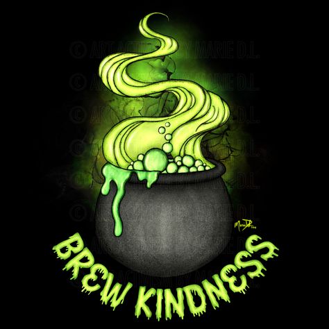 A hand drawn black cauldron with green drips, bubbles and “magic” coming out of it with the words “brew kindness” wrapped around the bottom of the cauldron Bubbling Cauldron Drawing, Couldren Drawings, Witch Cauldron Drawing, Witches Couldren, Cauldron Drawing, Cauldron Clipart, Chalk Art Signs, Witches Caldron, October Bujo