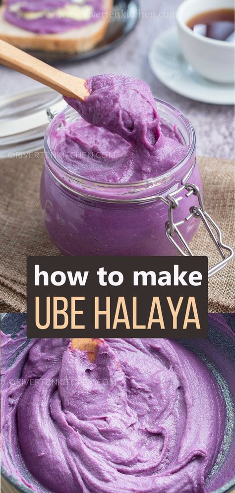 sweet purple jam in a jar made of purple yam or purple sweet potato Ube Halaya Using Ube Powder, How To Make Ube Halaya, Filipino Ube Recipes, Ube Cream Filling, Ube Halaya Recipe Filipino Desserts, How To Make Ube, Fresh Ube Recipes, Easy Ube Recipes, Ube Halaya Recipe Using Frozen Ube