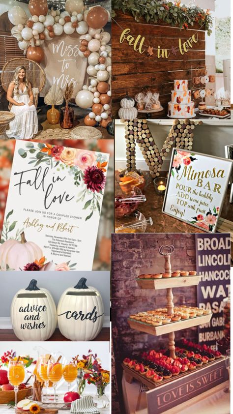 Fall theme bridal shower Bridal Shower Themes, Fall In Love Bridal Shower, Fall Bridal Shower, Mimosa Bar, Fall Theme, Advice Cards, Couple Shower, Bridal Shower Theme, Autumn Theme