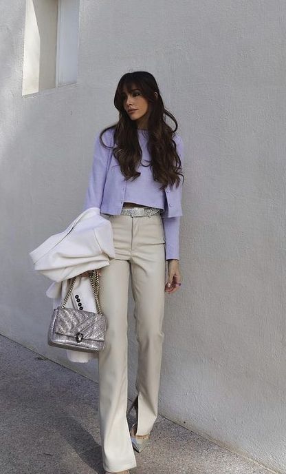 Lilac Leather Jacket Outfit, Lavender Leather Jacket Outfit, Beige And Lavender Outfit, Lavender Jacket Outfit, Lilac Jacket Outfit, Networking Outfit, Elegant Work Outfits, Chic Work Outfits Women, Elegant Classy Outfits