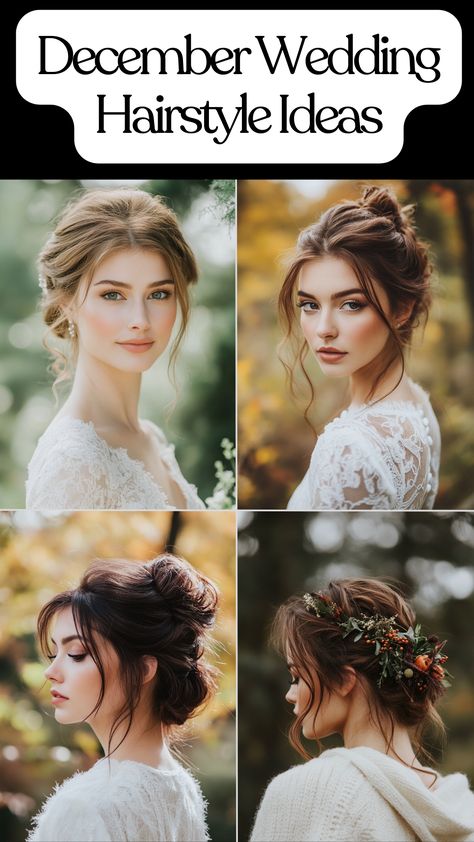 Bride with a chic updo showcasing a perfect December wedding hairstyle. Bridesmaid Hair Winter Wedding, Winter Bride Hair, Winter Bride Hairstyles, Christmas Wedding Hairstyles, Winter Bridesmaid Hair, Bridal Hair Updo Elegant, Bridal Hairstyles For Round Face, Elegant December Wedding, Winter Wedding Hairstyles