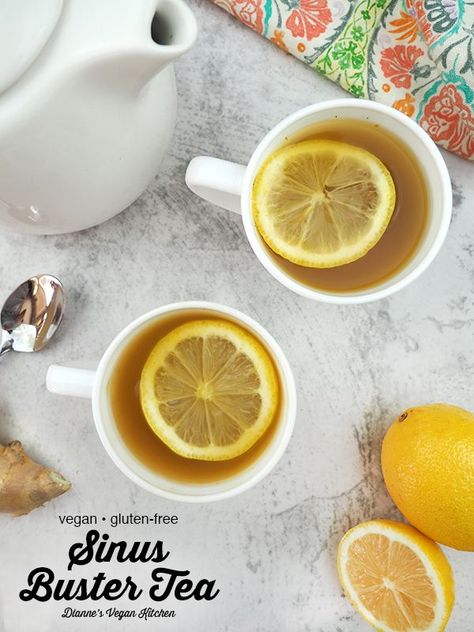 Full of herbs and spices known for their healing properties, this amped-up Sinus Buster Tea will help get you through cold and flu season! Remedy For Sinus Congestion, Vegan Drinks Recipes, Natural Decongestant, Sinus Infection Remedies, Tea For Colds, Healing Tea, Homemade Tea, Vegan Drinks, Natural Cold Remedies