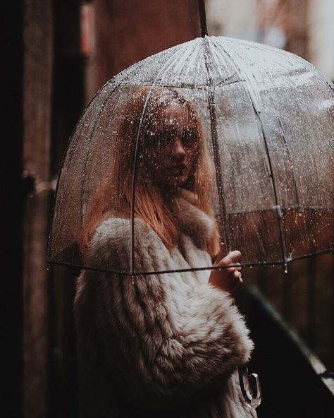 Umbrella Photoshoot, Rainy Photoshoot, Umbrella In The Rain, Rainy Day Photography, Rainy Mood, Umbrella Photography, Umbrella Photo, Clear Umbrella, Standing In The Rain