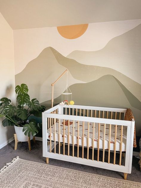 Nursery With Mountain Mural, Diy Wall Art Nursery, Jungle Nursery Accent Wall, Nursery Decor Mountains, Nursery Room Mountains, Green Mountain Mural Nursery, Mountain Nursery Diy, Sage Green Mountain Nursery, Nursery Mural Simple