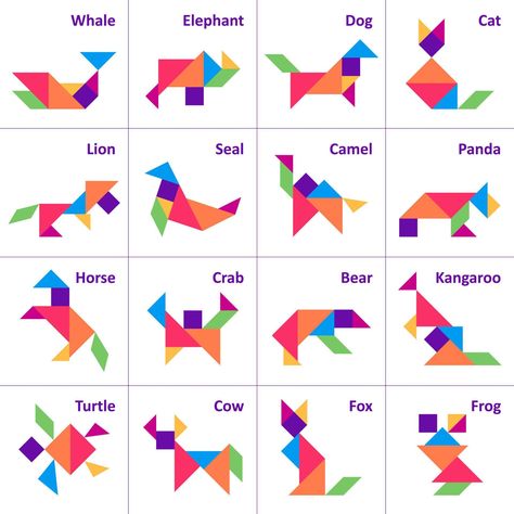 Tangram puzzle. Set of tangram wild and farm animals. Jigsaw for kids. Vector set. Vector illustration Tangram Animals, Tangram Printable, Tangram Activities, Joululahjat Diy, Tangram Patterns, Line Math, Tangram Puzzles, Puzzle For Kids, Geometric Shapes Art