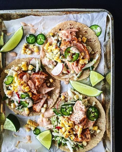 Putting a rough week (ahhh office craziness) behind me with these super fresh tacos with cajun… Fresh Tacos, Spicy Coleslaw, Cajun Salmon, Charred Corn, Salmon Spices, Rough Week, Salmon Tacos, Bean Cakes, Yogurt Dressing