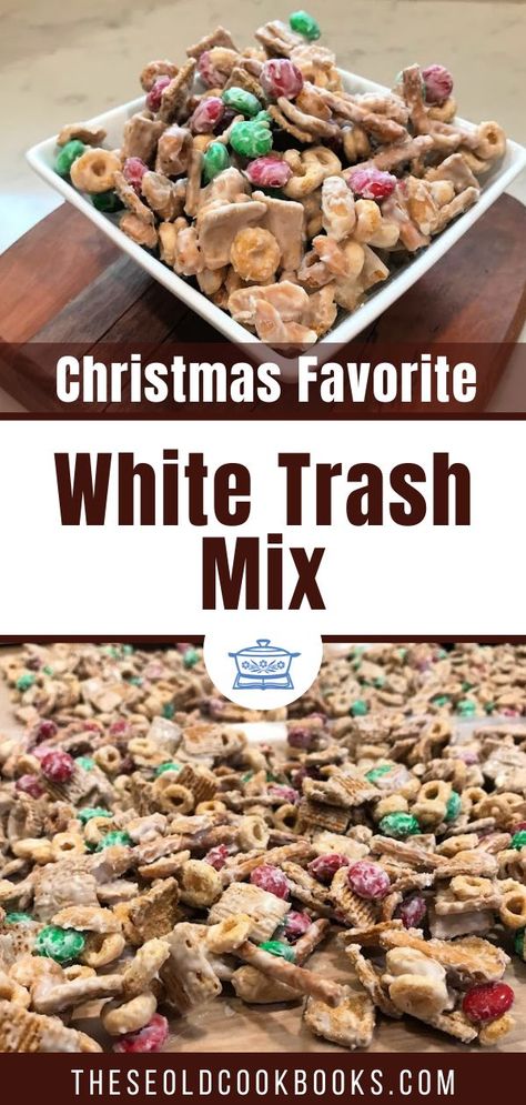 Christmas Trash Mix Recipes, Trash Mix Recipe, White Trash Snack Mix, Chocolate Chex Mix Recipes, Chocolate Covered Candy, White Chocolate Snack Mix, White Chocolate Chex Mix, Almond Bark Recipes, Christmas Bark Recipes