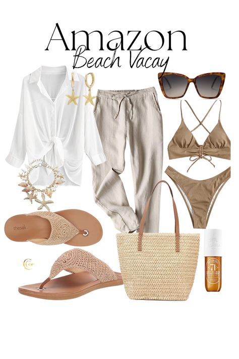 Linen Pants | Two Piece Bathing Suit | Neutral Outfit | Flip Flops | Starfish Earrings | Starfish Bracelet | Straw Beach Bag | Beachy Fragrance | Cat Eye Sunnies | #founditonamazon *affiliate links Spring Beachy Outfits, Beachy Dinner Outfit, Resort Wear For Women 2024, Neutral Beach Outfits, Mexican Cruise, Beach Resort Outfits, Simple Work Outfits, Cute Beach Outfits, Holiday Outfits Summer