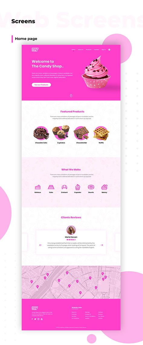 Web design for Candy Shop e-commerce website Cupcake Website Design, Candy Shop Website Design, Candy Website Design, Webpage Design Inspiration, Candy Website, Contact Us Page Design, Food Website Design, Restaurant Website Design, Redesign Ideas