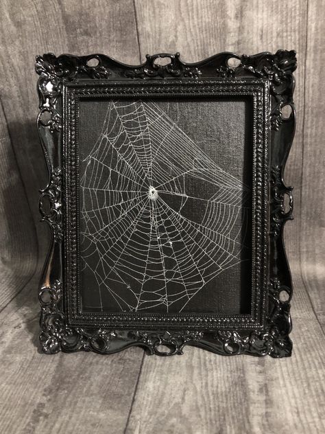 Spider Web Picture Frame, Goth Dresser Decor, Goth Signs Decor, Goth Door Painting, Gothic Elegance Decor, Modern Goth Home Decor, Diy Dark Home Decor, Diy Goth Room Decor, Gothic Home Ideas