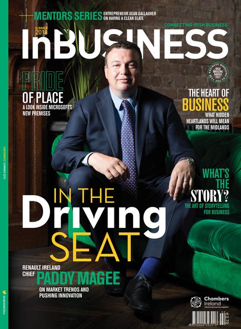 Cover of InBUSINESS Q2 2018 featuring Paddy Magee, Country Operations Manager of Renault Ireland. - Cover designed by Alan McArthur. Photography by Jason Clarke. Shoot took place in the Idlewild bar in Dublin. Business Magazine Cover Design, Cover Magazine Ideas, Corporate Magazine Cover, Manifestation Prints, Business Magazine Cover, Rich Friends, College Magazine, Work Poster, Catalog Design Layout