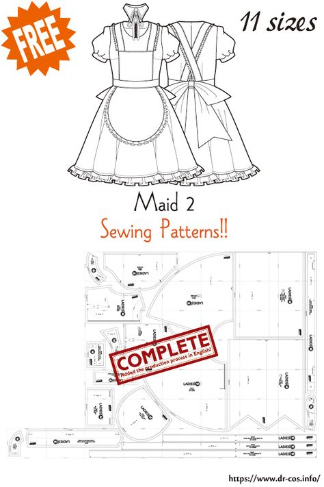 Dress Blueprint Sewing Patterns, Maid Outfit Sewing Pattern, Maid Dress Sewing Pattern, Maid Dress Pattern Free, Alice Dress Pattern, Cosplay Dress Pattern, Cosplay Pattern Free Sewing, Free Patterns Sewing Printable, Free Cosplay Patterns