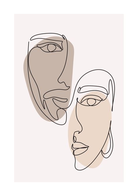 One Line Picture, Aesthetic Posters Wall Decor Beige, African Line Art, Posters Art Deco Beige, Two Faces Line Art, Boho Face Line Art, Face Line Art Frame, Abstract Wall Art Living Room, Art Abstrait Ligne