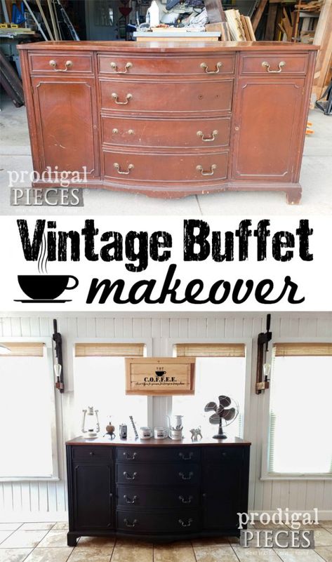 This vintage buffet makeover is one to see. Larissa of Prodigal Pieces gives it new life and purpose as a DIY Coffee Bar | Head to prodigalpieces.com #prodigalpieces #diy #home #coffee #farmhouse #homedecor Vintage Buffet Makeover, Refinished Buffet, Sideboard Makeover, Cheap Furniture Makeover, Easy Furniture Makeover, Diy Furniture Makeover Ideas, Buffet Makeover, Flip Ideas, Basement Furniture