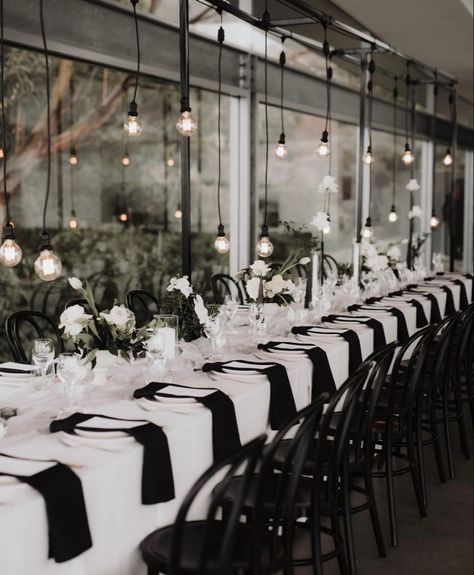 Black And White Wedding Linens, Black And White Wedding Venue Decor, Bride And Groom Table Black And White, Black And White Corporate Event, Classic Black And White Wedding Decor, Black And White Wedding Astethic, Wedding Black And White Aesthetic, Black Chairs Wedding, Black And White Centerpieces Wedding