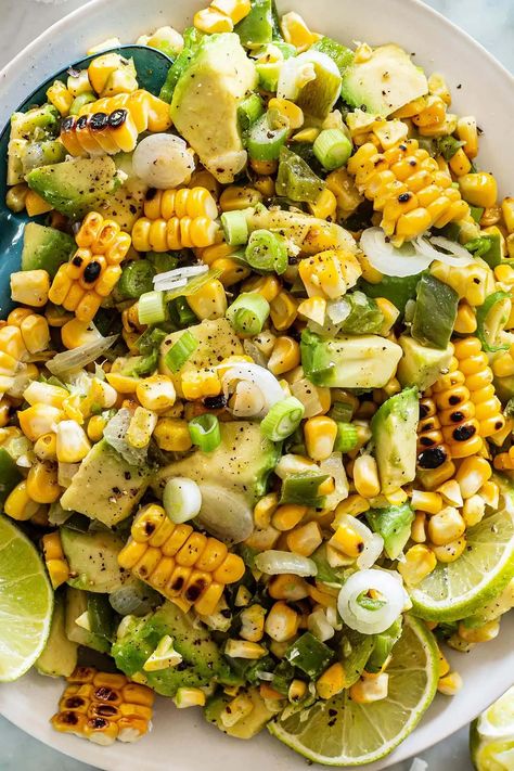 Avo Corn Salad, Fiesta Avocado Corn Salad, Roasted Corn And Avocado Salad, Tropical Dinner Ideas, Avacado Corn Salad, Grilled Corn And Avocado Salad, Grilled Avocado Salad, Corn And Avocado Salad, Avocado Corn Salad