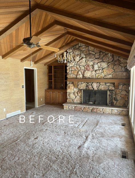 Family Room with Wood Ceiling- Utah Ranch Home - Nesting With Grace Cabin Interiors Living Room, Ranch House Remodel Interior, 1960s Ranch House Remodel, Ranch Style Home Remodel, Off Center Fireplace, Mountain Home Interiors, Rustic Family Room, Ranch House Remodel, Cabin Fireplace