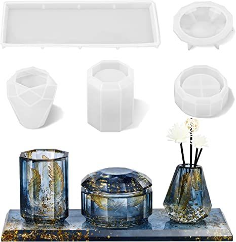 AmazonSmile: ISSEVE 4Pcs Resin Molds for Bathroom Accessories Set, Silicone Molds for Resin Casting - Toothbrush Holder Cup & Diffuser Bottle Mold, Tray Mold & Jar Mold with Lid Kit for Countertop Vanity Organizer : Arts, Crafts & Sewing Resin Bathroom Accessories, Mirror Resin, Silicone Molds For Resin, Countertop Vanity, Bottle Tray, Resin Candle, Molds For Resin, Round Candle, Candle Diy